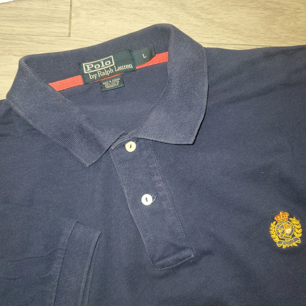 Vtg 90s Polo Ralph Lauren Shirt Mens L Navy Blue Polo Crest Logo USA Collared SS